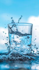 Dynamic Splash in Glass of Water Against Blue Background
Close-up image capturing a dynamic splash of clear water in a glass, set against a soft blue background with vivid water droplets.
