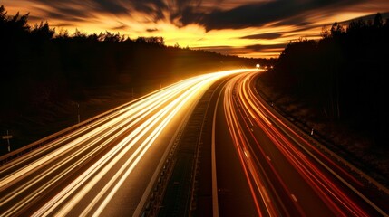 Obraz premium Nighttime long exposure of a road. A vibrant long exposure shot capturing the dynamic lights of cars traversing a road at night, reflecting the urban pulse