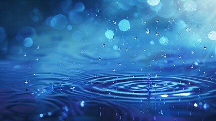 Abstract background with raindrops falling on the ground, creating circular ripples and splashes in blue tones. The scene is illuminated by a soft light, giving it an ethereal feel.
