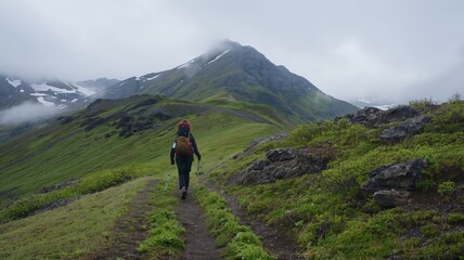A traveler follows a trail leading to the mountain peak, where clouds blend with the sky, gaining a sense of infinity.