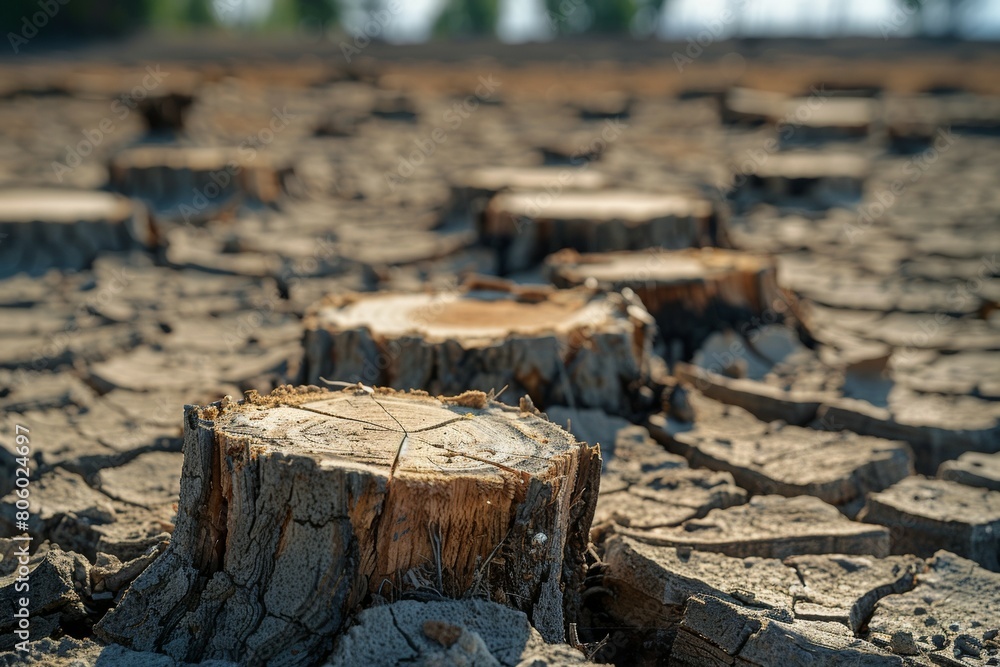 Poster stump from felled tree in drought concept. record summer heat. background of the consequences of env