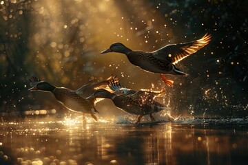 Three ducks are flying in the air and splashing in the water