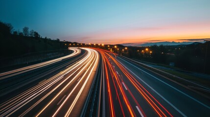 Nighttime long exposure of a road. A vibrant long exposure shot capturing the dynamic lights of cars traversing a road at night, reflecting the urban pulse