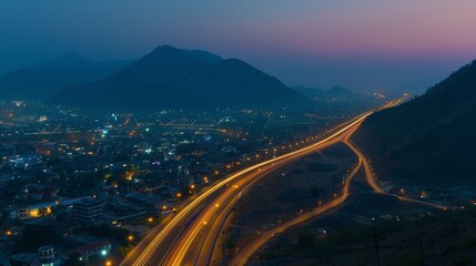 Fototapeta premium Nighttime long exposure of a road. A vibrant long exposure shot capturing the dynamic lights of cars traversing a road at night, reflecting the urban pulse