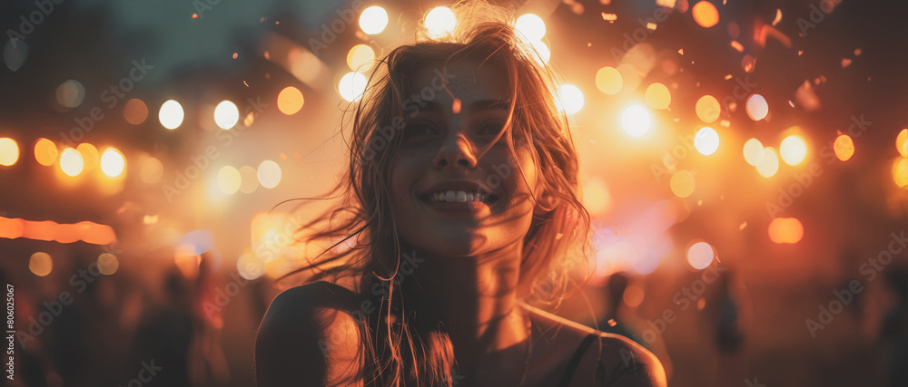 Sticker A woman is smiling and blowing confetti in the air