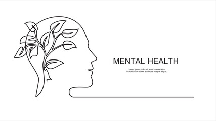 Fototapeta premium One continuous line drawing of human head with plant inside. Mental health and psychology vector concept. Creative ideas, grow up, positive thinking and self care. Growth mindset skills illustration