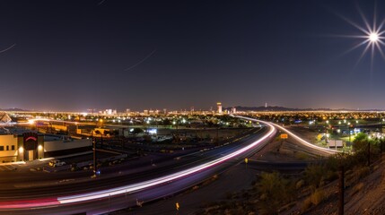 Nighttime long exposure of a road. A vibrant long exposure shot capturing the dynamic lights of cars traversing a road at night, reflecting the urban pulse