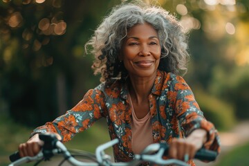 A joyful, athletic African American woman riding in the outdoors. Generative Ai
