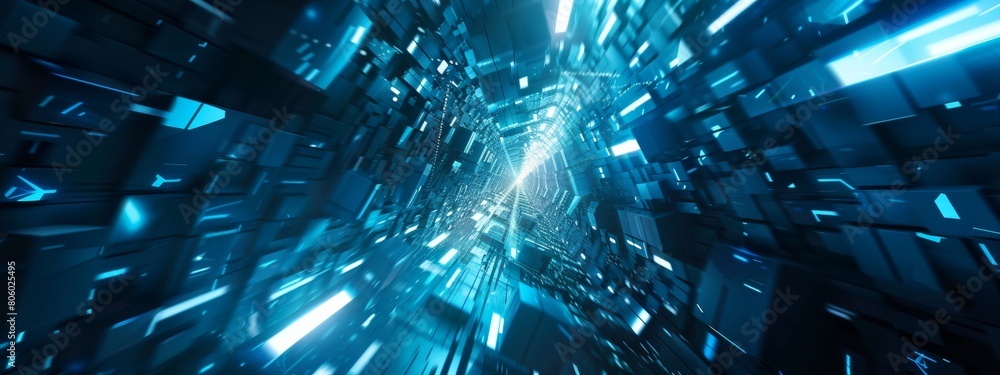 Poster abstract digital background with glowing blue and dark geometric shapes, creating an atmosphere of f