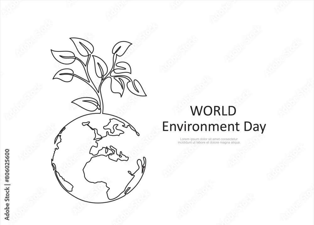 Poster earth globe with leaves continuous line drawn. linear world map with plant. save planet concept. wor