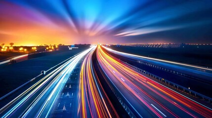 Nighttime long exposure of a road. A vibrant long exposure shot capturing the dynamic lights of...