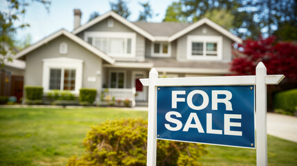For sale blue sign in front of a beautiful classic suburban house, real estate concept, residential home for sale, new property hd