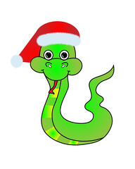 A cute cartoon green snake in a Santa hat. New year animal vector illustration on white background
