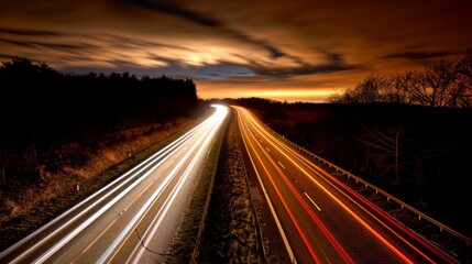 Nighttime long exposure of a road. A vibrant long exposure shot capturing the dynamic lights of cars traversing a road at night, reflecting the urban pulse