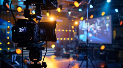 Professional Video Camera Filming Live Event on Stage
A professional video camera captures a vibrant live event on stage, surrounded by colorful stage lights and dynamic atmosphere.
