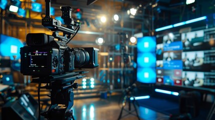 Professional Video Camera Setup in a Modern Studio
A professional video camera equipped with a monitor and stabilizer, ready for filming in a high-tech studio filled with vibrant blue lights.

