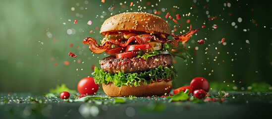  Fresh juicy delicious burger with floating ingredients, isolated on natural background.