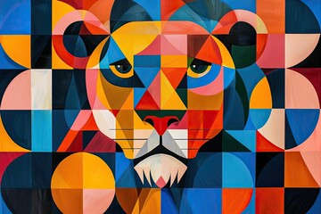 Create a geometric lion using bright contrasting colors. The face should be symmetrical.