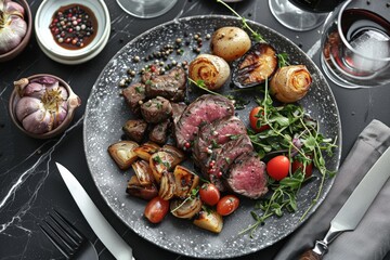 Plated gourmet meal featuring sliced beef steak, roasted mushrooms, garlic bulbs, seasoned potatoes, arugula with cherry tomatoes, garnished with herbs, served with red wine.