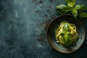 Rustic ceramic bowl holds twirled spaghetti pesto, accompanied by fresh basil plant on smudged dark background, creating an ambiance of artisanal kitchen craftsmanship.