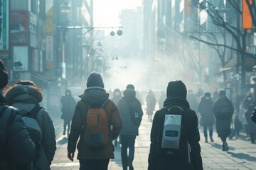 Group of pedestrians, masked against pollution, walk through foggy cityscape, their figures shrouded in mist, highlighting urban environmental issues and anonymity in crowded public spaces.