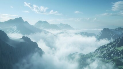  A breathtaking mountain panorama with layers of mist shrouding distant peaks, creating an ethereal and mysterious atmosphere. . 
