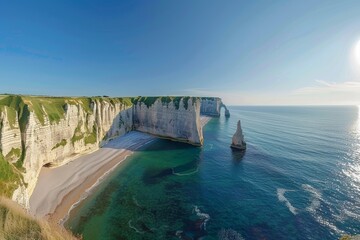 Majestic White Cliffs and Turquoise Sea under Clear Blue Sky
