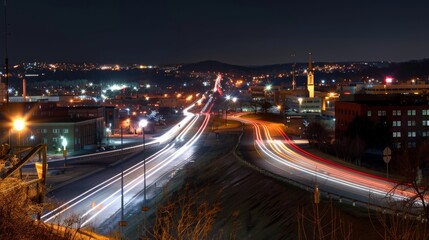 Fototapeta premium Nighttime long exposure of a road. A vibrant long exposure shot capturing the dynamic lights of cars traversing a road at night, reflecting the urban pulse