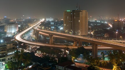 Nighttime long exposure of a road. A vibrant long exposure shot capturing the dynamic lights of cars traversing a road at night, reflecting the urban pulse