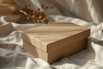A brown cardboard box sits on a white sheet