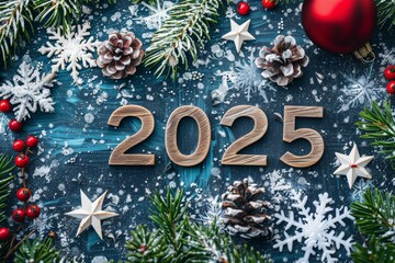 Numbers 2025, christmas concept. Backdrop with selective focus and copy space