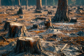 Obraz premium Stump from felled tree in drought concept. Record summer heat. Backdrop of the consequences of environmental problems