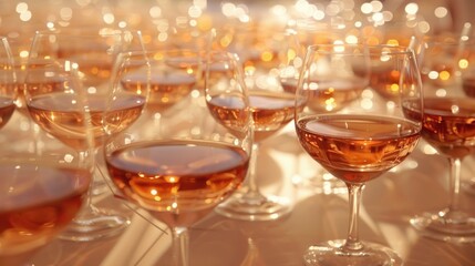 Cognac glasses on table, stylish glasses with cognac or whiskey on table at wedding reception. alcohol bar. tasty drinks for celebrations and events. luxury stylish catering.