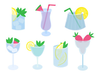 Vector set of tropical cocktails flat style. Summer alcoholic beach party drinks vector set. Mojito, strawberry margarita, daiquiri and  pina colada