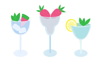 Set of classical drinks in different types of glasses in flat style. Margarita, watermelon alcoholic cocktail, gin tonic