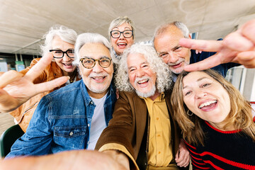 Joyful portrait of senior group of retired people enjoying time together taking selfie photo with phone. Elderly community people having fun during vacation.