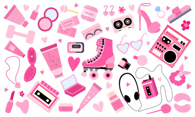 Pink 90s girl vintage vector flat set. Set of retro colorful elements 80s 90s in pink colours for stickers and posters