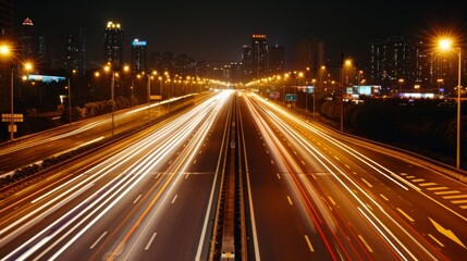 Nighttime long exposure of a road. A vibrant long exposure shot capturing the dynamic lights of cars traversing a road at night, reflecting the urban pulse