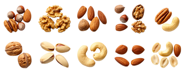 Set of nuts, hazelnuts, peanuts, walnuts, almonds, cashews, pistachios isolated on transparent background. Cutting dessert elements. Top view high quality PNG." design elements, top view / flat lay