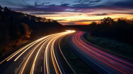 Nighttime long exposure of a road. A vibrant long exposure shot capturing the dynamic lights of cars traversing a road at night, reflecting the urban pulse