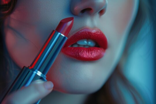 A woman is applying lipstick with a red lipstick
