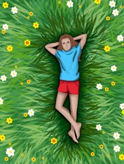 girl resting lying on the gra