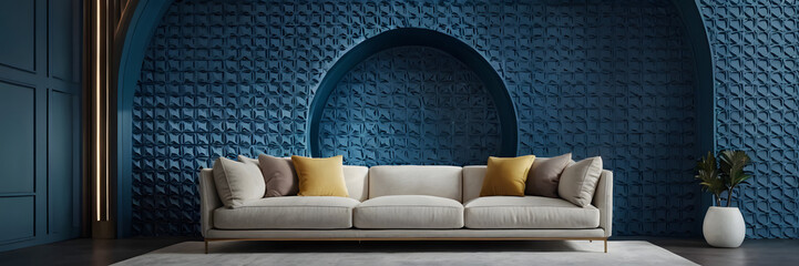The modern interior design concept of living room and blue arch pattern wall background