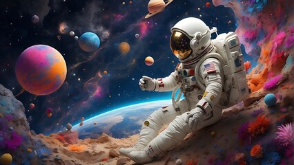 Futuristic space scene with a spaceship and an astronaut exploring the unknown