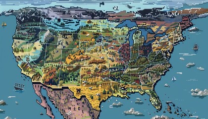 state map of America ,USA Bring to life Frontal View State Maps in pixel art, infusing retro charm with modern creativity, Craft each state with vibrant colors and pixel-perfect detail,