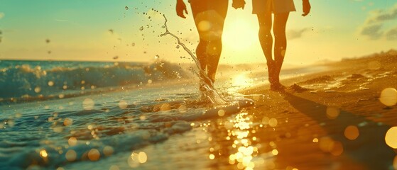 Image of a couple walking hand in hand on the beach in the evening. sunset on the sea. Generative Ai