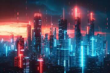 Obraz premium Futuristic city skyline with dynamic, angular architecture and neon lights, symbolizing technological progress and modernity