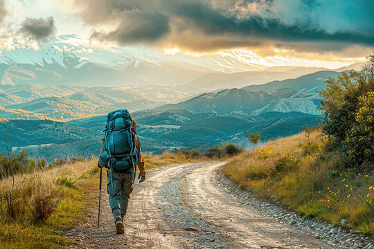 Lonely Pilgrim with backpack walking the Camino de Santiago in Spain, Way of St James