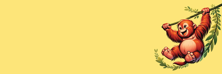 Fototapeta premium Cute orangutan on yellow background, wide horizontal panoramic banner with copy space, or web site header with empty area for text.