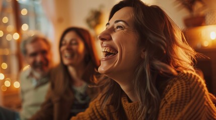 group of happy adult friends at home. laughing, smiling, warm beautiful bright living room background